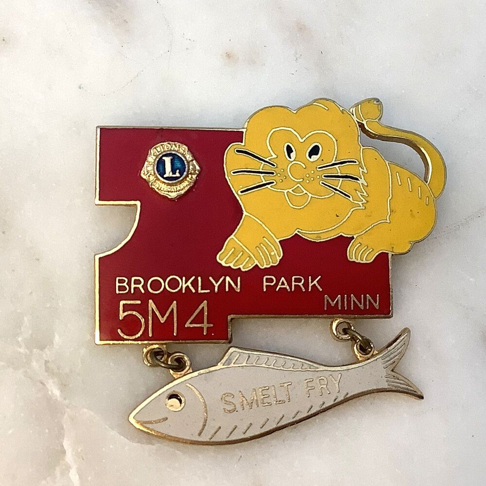 Vintage Lions Club Pin Fish Fry Dangle Enamel Lapel Brooklyn Park Minnesota
